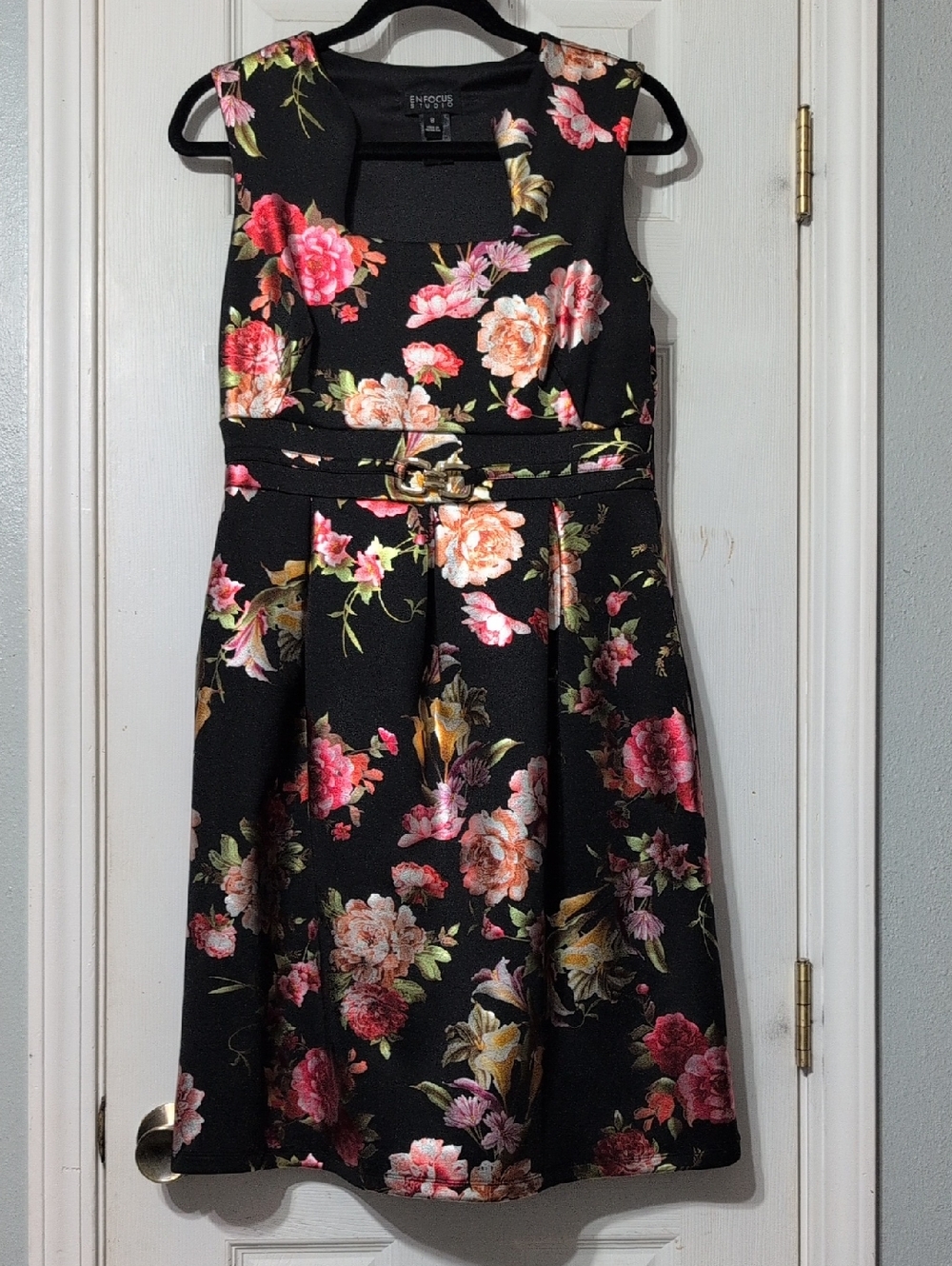 Enfocus Studio Black Floral Dress with Pink and Yellow Blooms